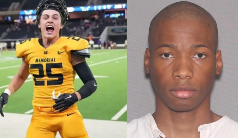 Austin Metcalf in yellow Memorial football jersey. Karmelo Anthony mugshot